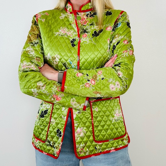 Vintage Anne Carson quilted 100% silk floral boho jacket green - Picture 5 of 9